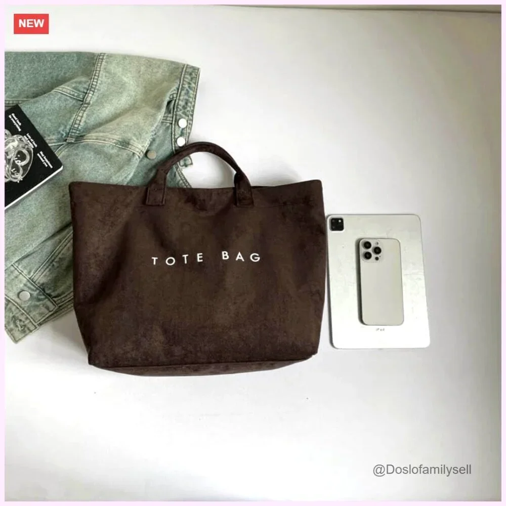 Large Suede Tote Bag for Work Travel Hobo Handbag Letter Print